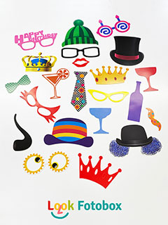 Look-Fotobox - Fotorequisiten, Brillen, Hüte, Mützen, Bärte, Krawatten, Fliegen, Kronen, Cocktailgläser