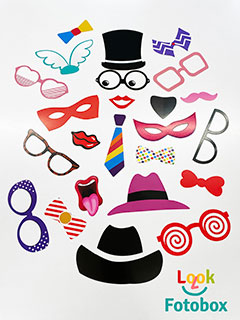Look-Fotobox - Fotorequisiten, Brillen, Hüte, Mützen, Bärte, Krawatten, Fliegen, Kronen, Cocktailgläser