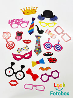 Look-Fotobox - Fotorequisiten, Brillen, Hüte, Mützen, Bärte, Krawatten, Fliegen, Kronen, Cocktailgläser